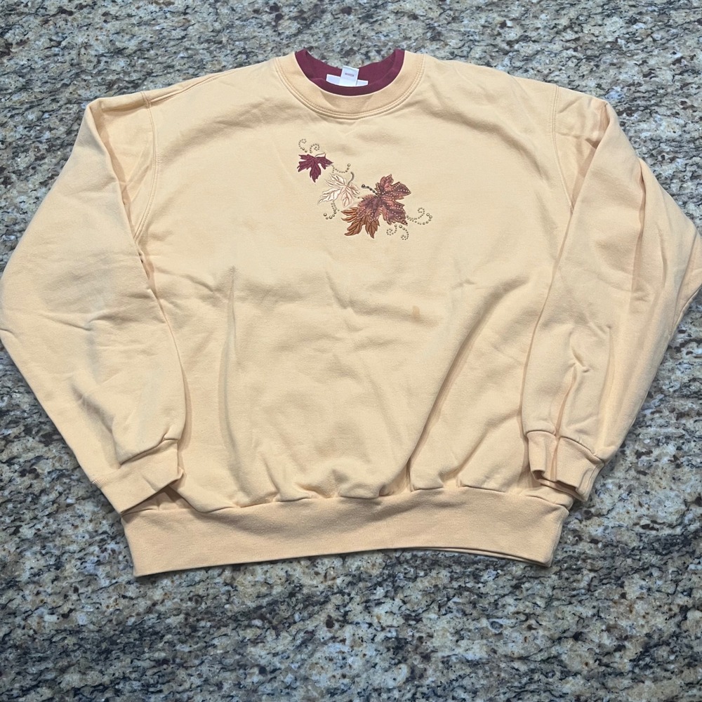 Top Stitch by Morning Sun Vintage Embroidered Leaf Sweatshirt Yellow Large